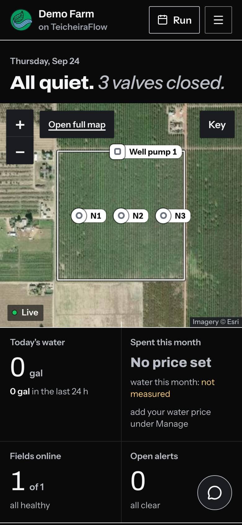 The overview on a phone, with Demo Farm loaded: its status sentence, its map with the valves and the pump, and today's numbers