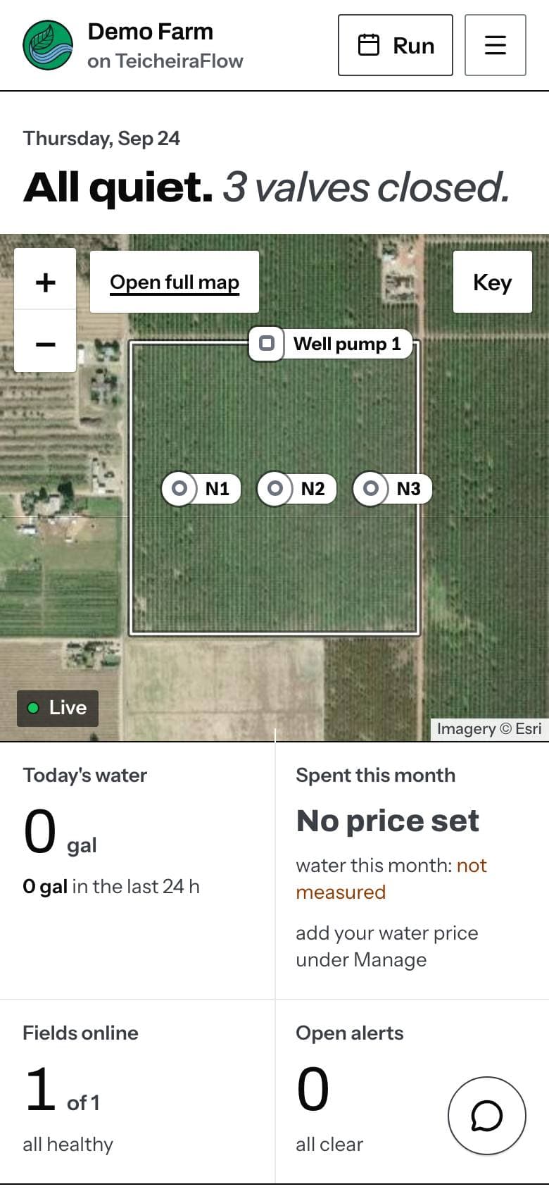 The overview on a phone, with Demo Farm loaded: its status sentence, its map with the valves and the pump, and today's numbers