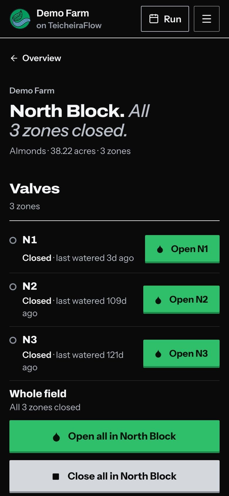 A field's page on a phone, with Demo Farm loaded: its valves, each with its state and its Open control, then Open all and Close all for the whole field