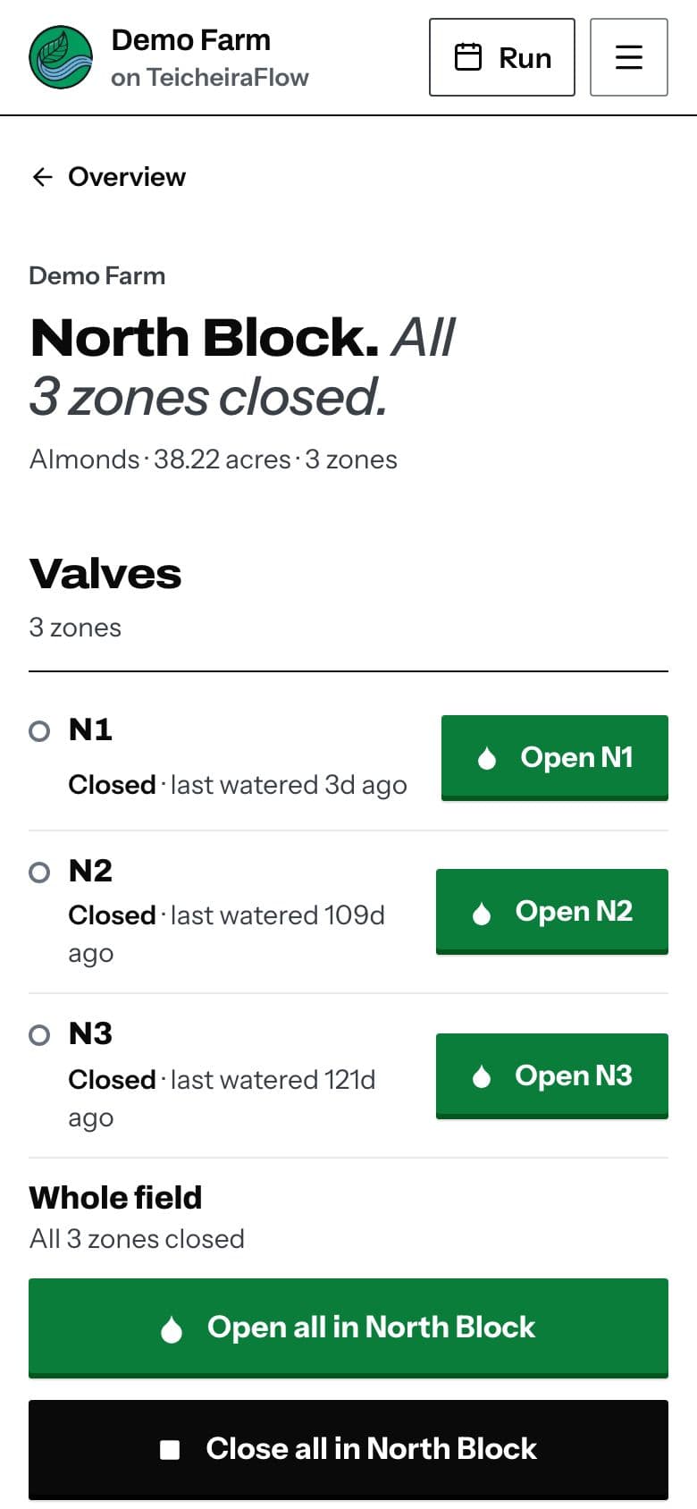 A field's page on a phone, with Demo Farm loaded: its valves, each with its state and its Open control, then Open all and Close all for the whole field